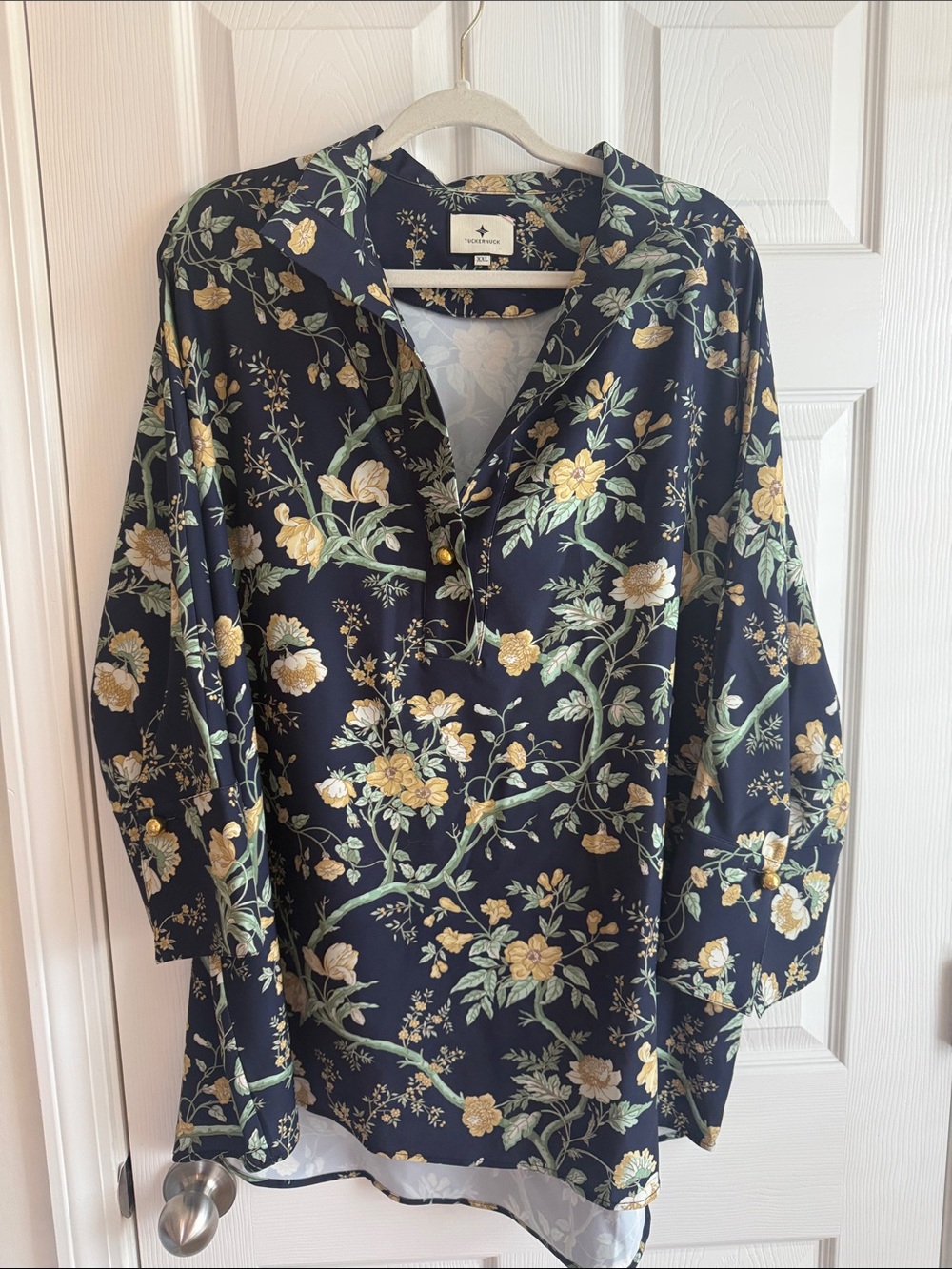 Tuckernuck Navy Floral Blouse with Yellow & Green Accents